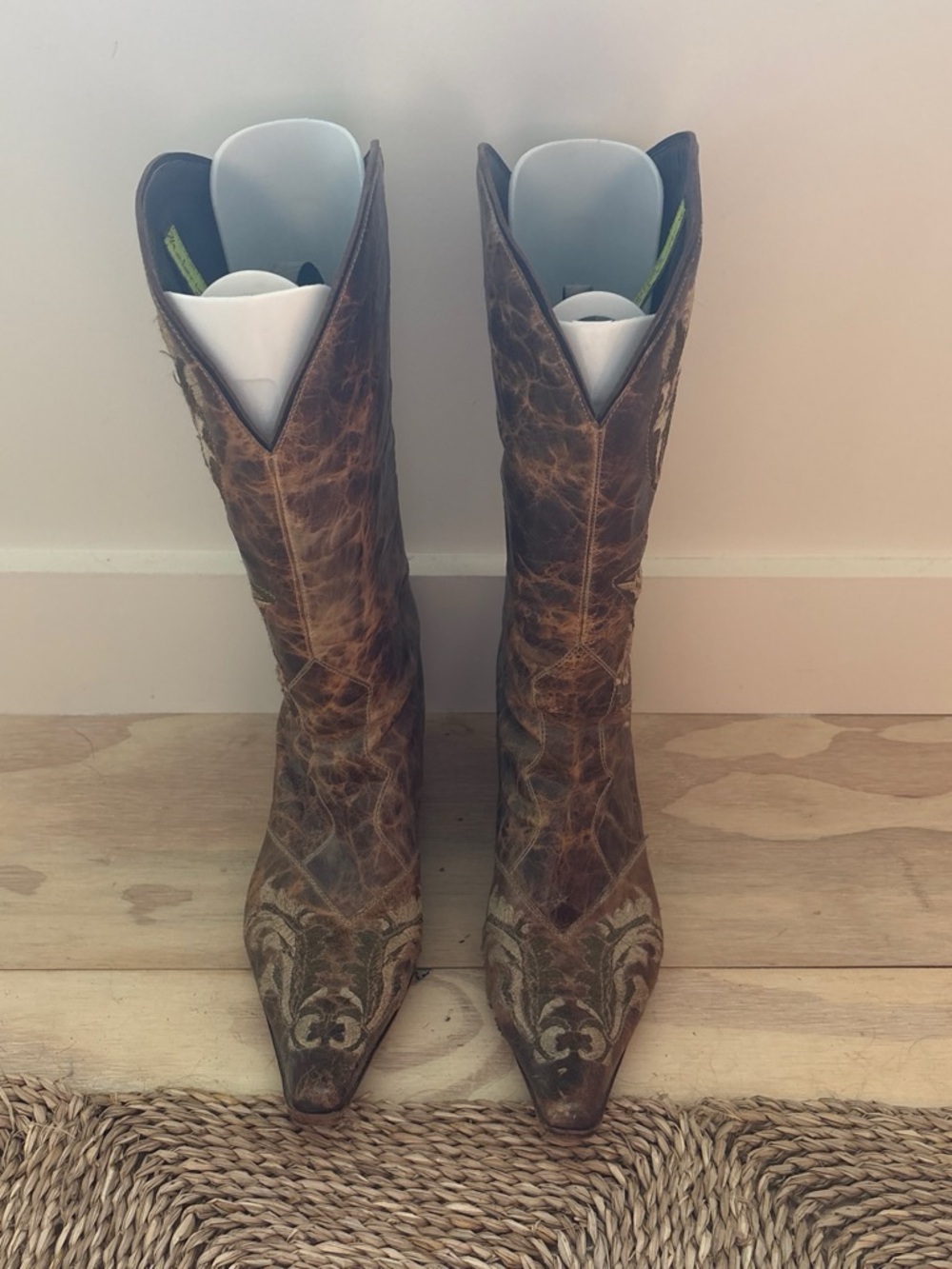 Women's Brown Distressed Leather Embroidered Western Heeled Boots